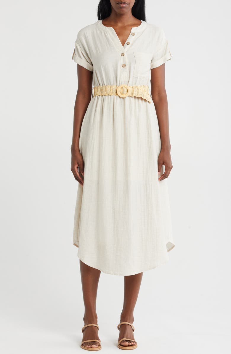 ZOE AND CLAIRE Short Sleeve Belted Shirtdress, Main, color, Oatmeal