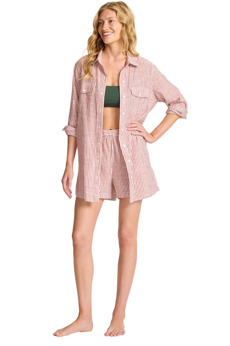 Shoreline Stripe Cotton Cover-Up Shirtdress, Alternate, color, DEEP SIENNA