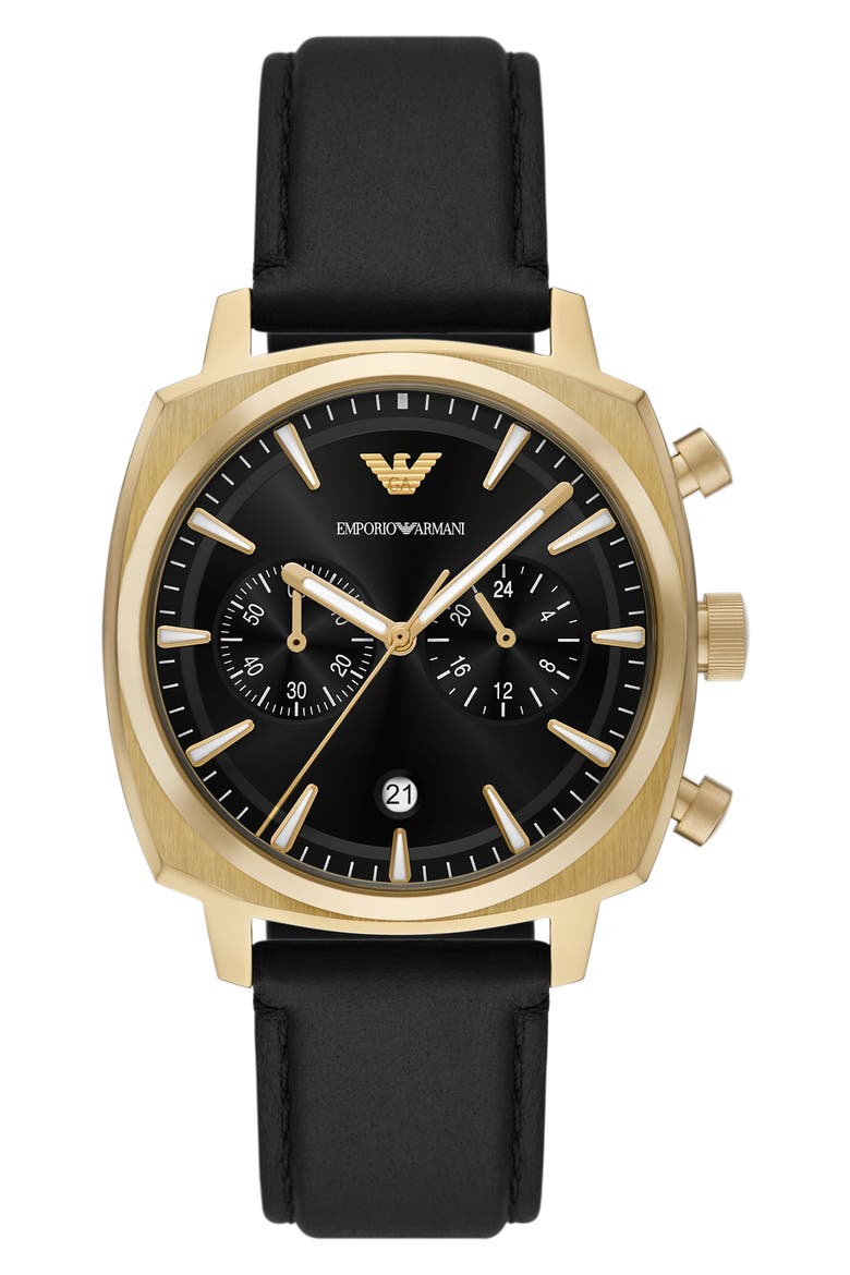 Chronograph Leather Strap Watch, 40mm, Main, color, BLACK