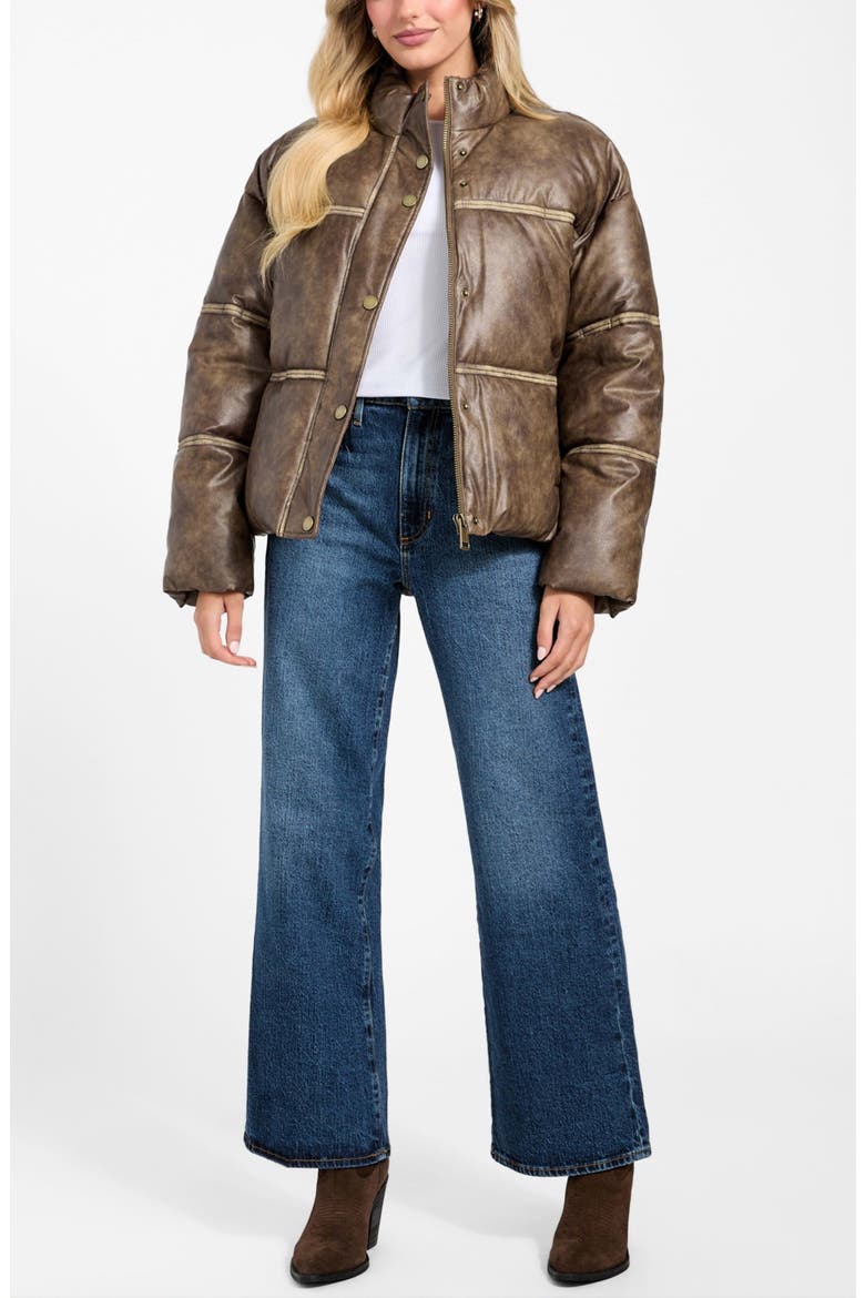 Puffa Washed Faux Leather Jacket, Alternate, color, BROWN
