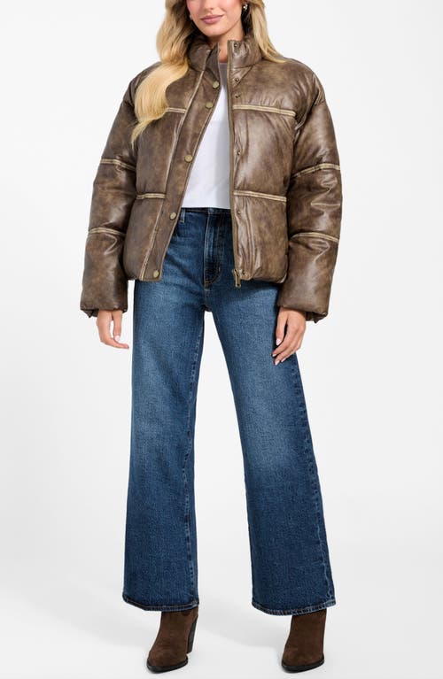 Guess Puffa Washed Faux Leather Jacket In Brown