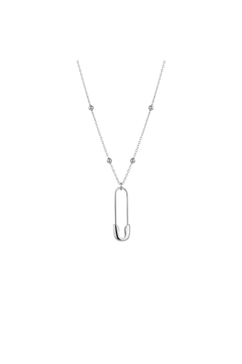 Sterling Silver Safety Pin Necklace With Beaded Satellite Chain, Main, color, Silver