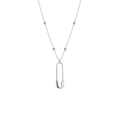 Sterling Silver Safety Pin Necklace With Beaded Satellite Chain