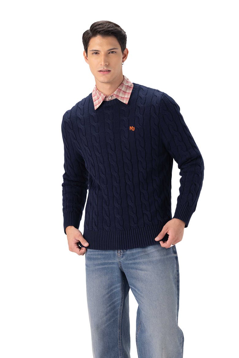 Men's Crew Neck Cable Sweater, Main, color, Navy