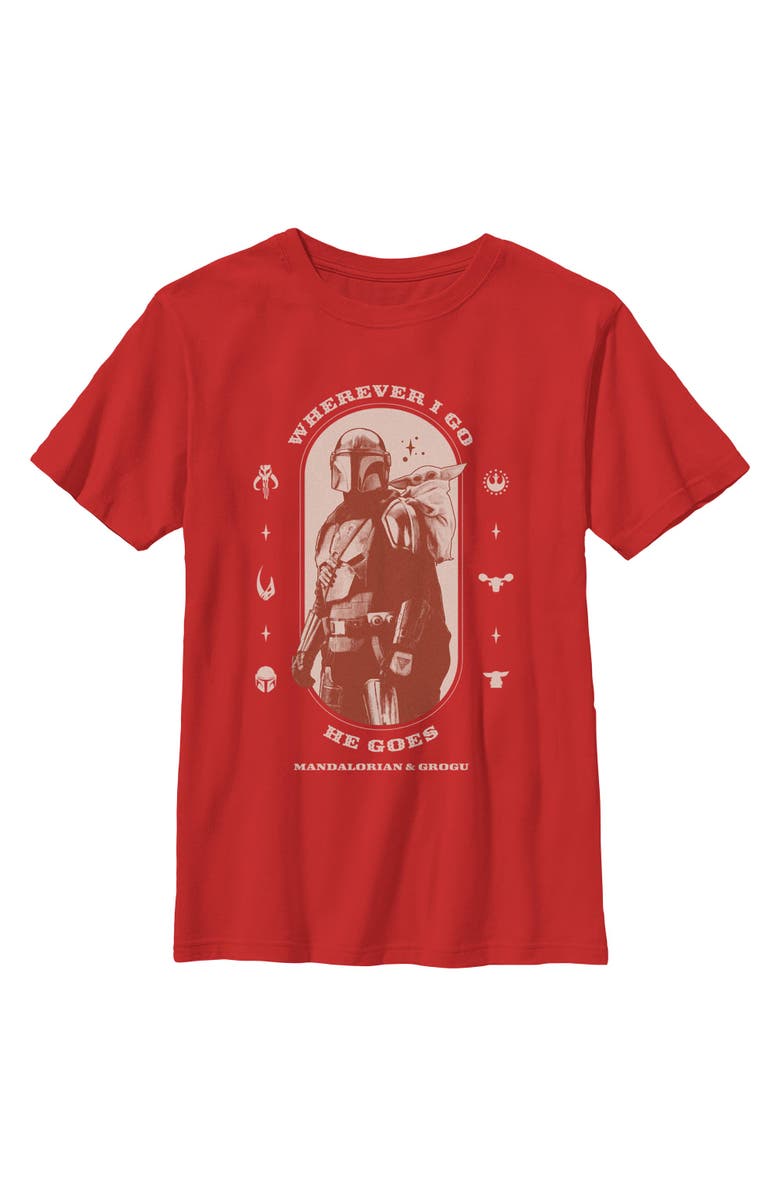 Star Wars: The Mandalorian and Grogu Boy's Star Wars The Mandalorian and Grogu Wherever I Go He Goes Logo Graphic T-Shirt, Main, color, Red