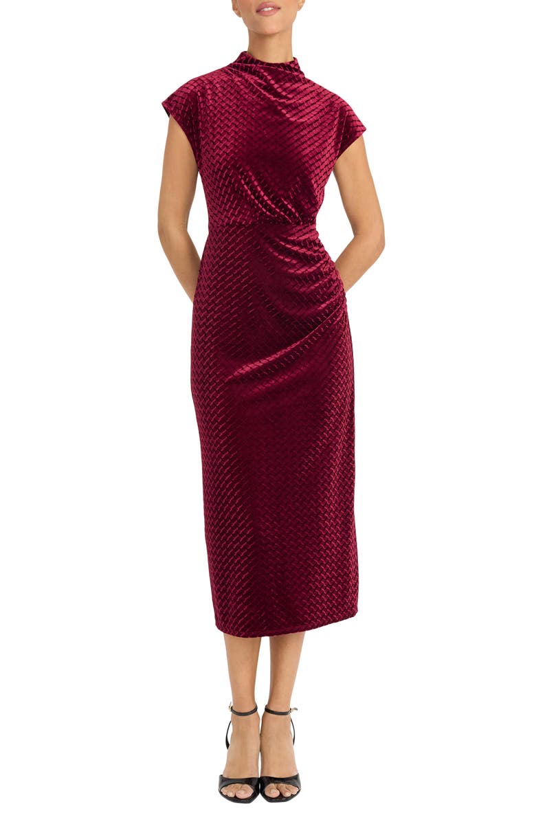 Maggy London Cap Sleeve Textured Velvet Midi Dress, Main, color, Cabernet