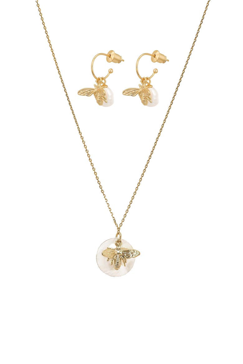 Sterling Silver 18k Gold Plated Bee Pearl Necklace & Earring Set Dainty, Main, color, Gold