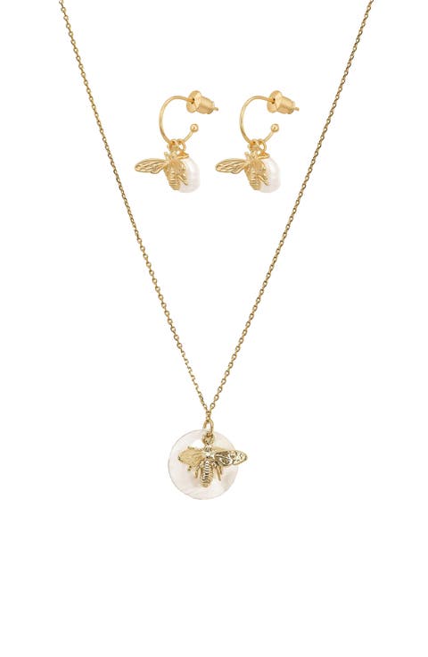 Sterling Silver 18k Gold Plated Bee Pearl Necklace & Earring Set Dainty
