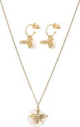 Bearfruit Jewelry Sterling Silver 18k Gold Plated Bee Pearl Necklace & Earring Set Dainty