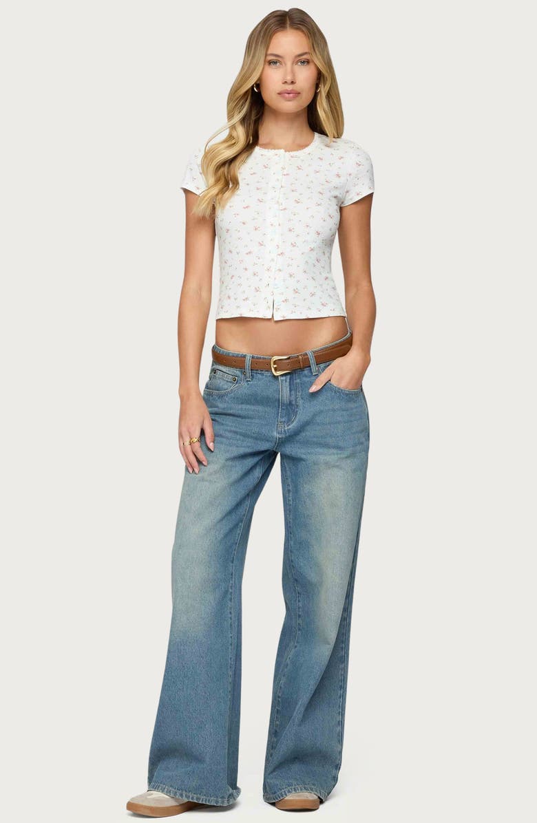 EDIKTED Odella Floral Rib Button-Up Crop Top, Alternate, color, Cream