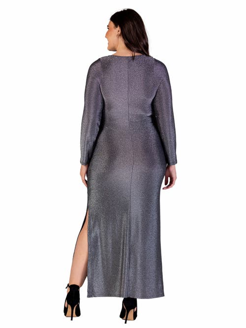 24seven Comfort Apparel Fitted Long Sleeve Shimmery Fabric Side Slit Maxi Dress In Silver