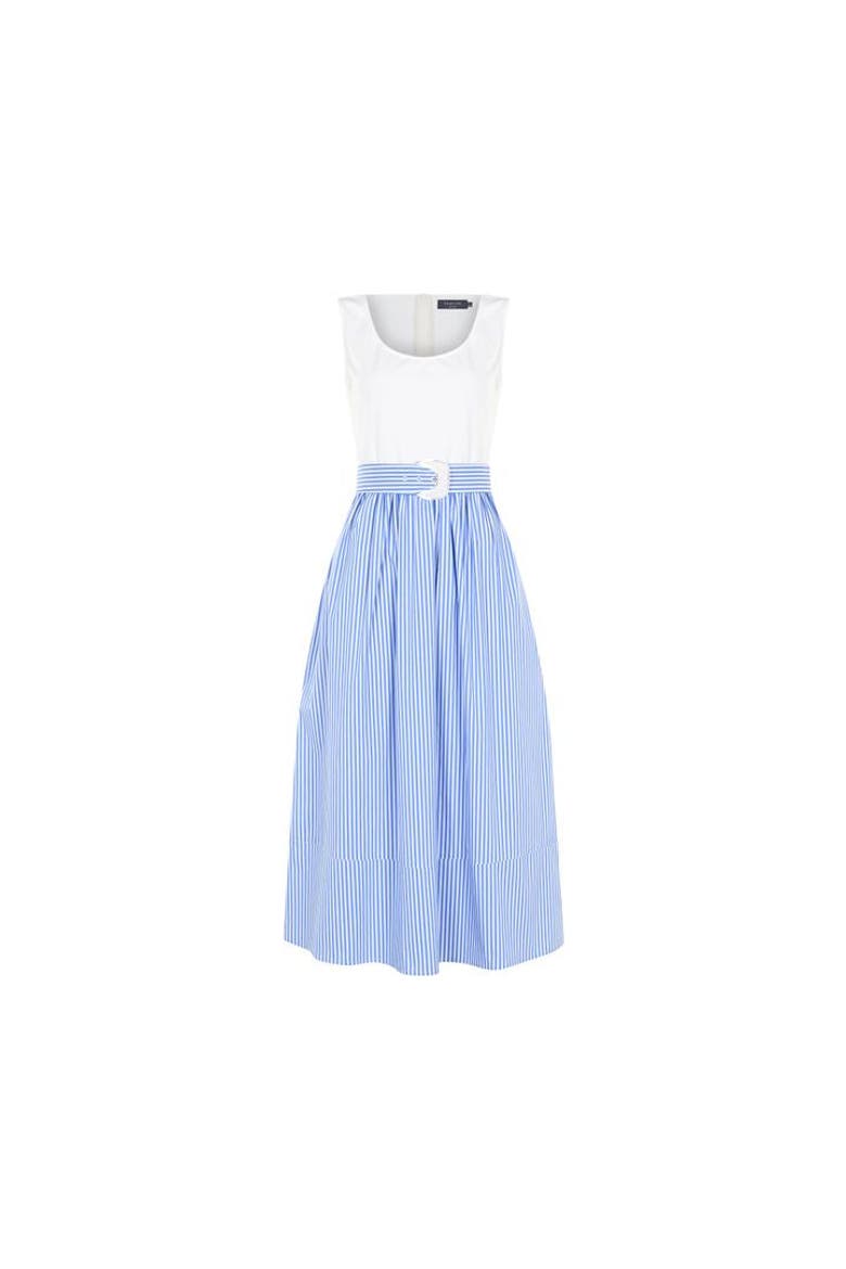 Harper Striped Midi K.Dress With Waist Buckle Detail, Alternate, color, BLUE-WHITE