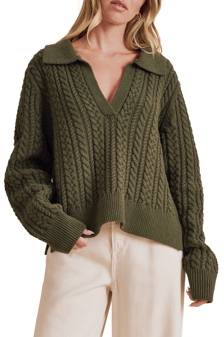Jenson Johnny Collar Cable Knit Sweater, Main, color, PINE GREEN