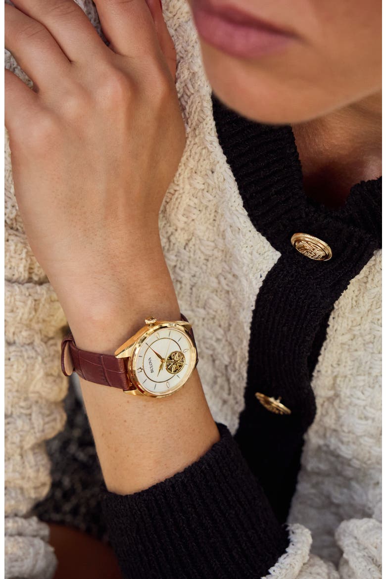 Sutton Automatic Leather Strap Watch, 34.5mm, Alternate, color, GOLD-TONE