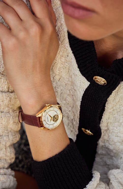 Bulova Women's Sutton Automatic Brown Leather Strap Watch 34.5mm In Goldone
