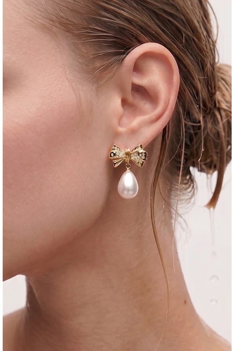 Bow Pearl Earrings Drop Earrings In Gold, Crystals & Pearls, Alternate, color, Gold