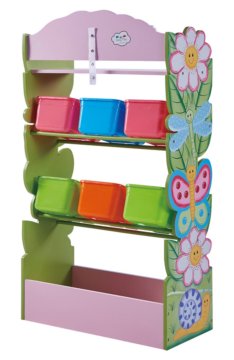 Teamson Kids Fantasy Fields Magic Garden Wood Toy Organizer & 6-Piece Storage Bin Set, Alternate, color,