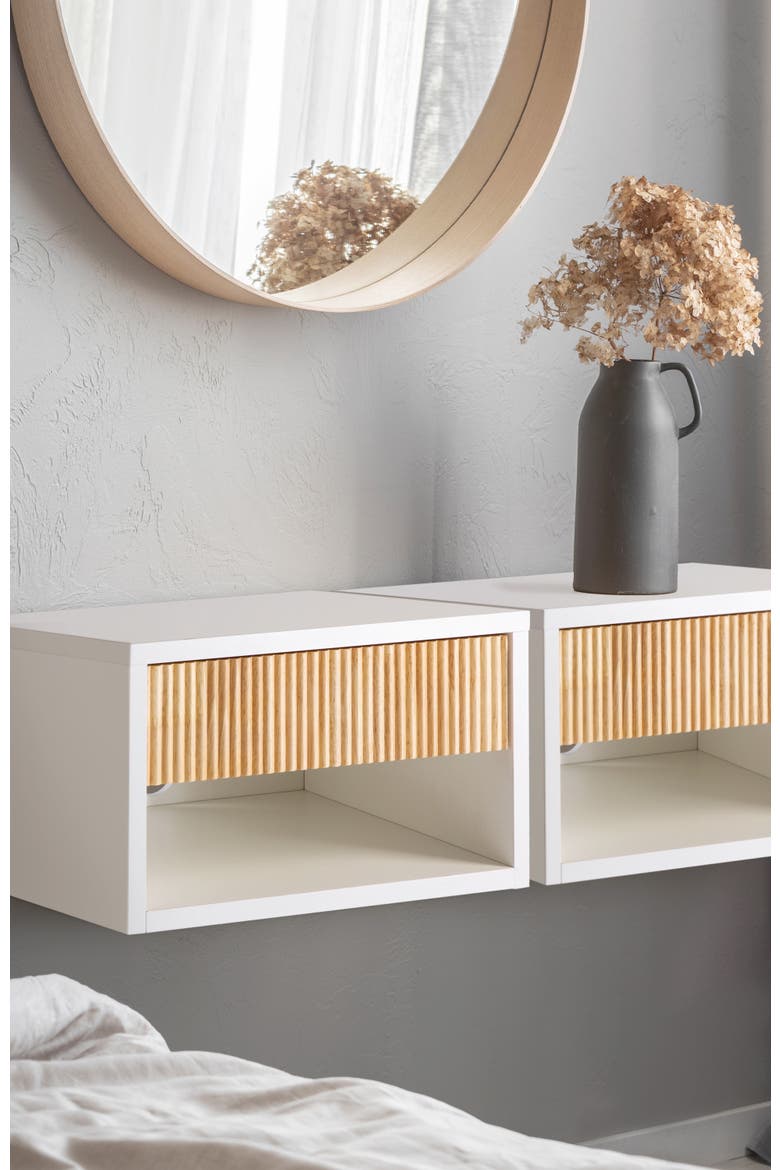 Elise Modern Floating Wall Mounted Nightstand, Bedside Table with Fluted Drawer, Open Shelf Cable Management,, Alternate, color, White/Light Oak
