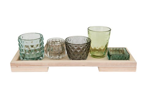 Embossed Glass Votive and Tealight Holders on a Wood Tray, Set of 5