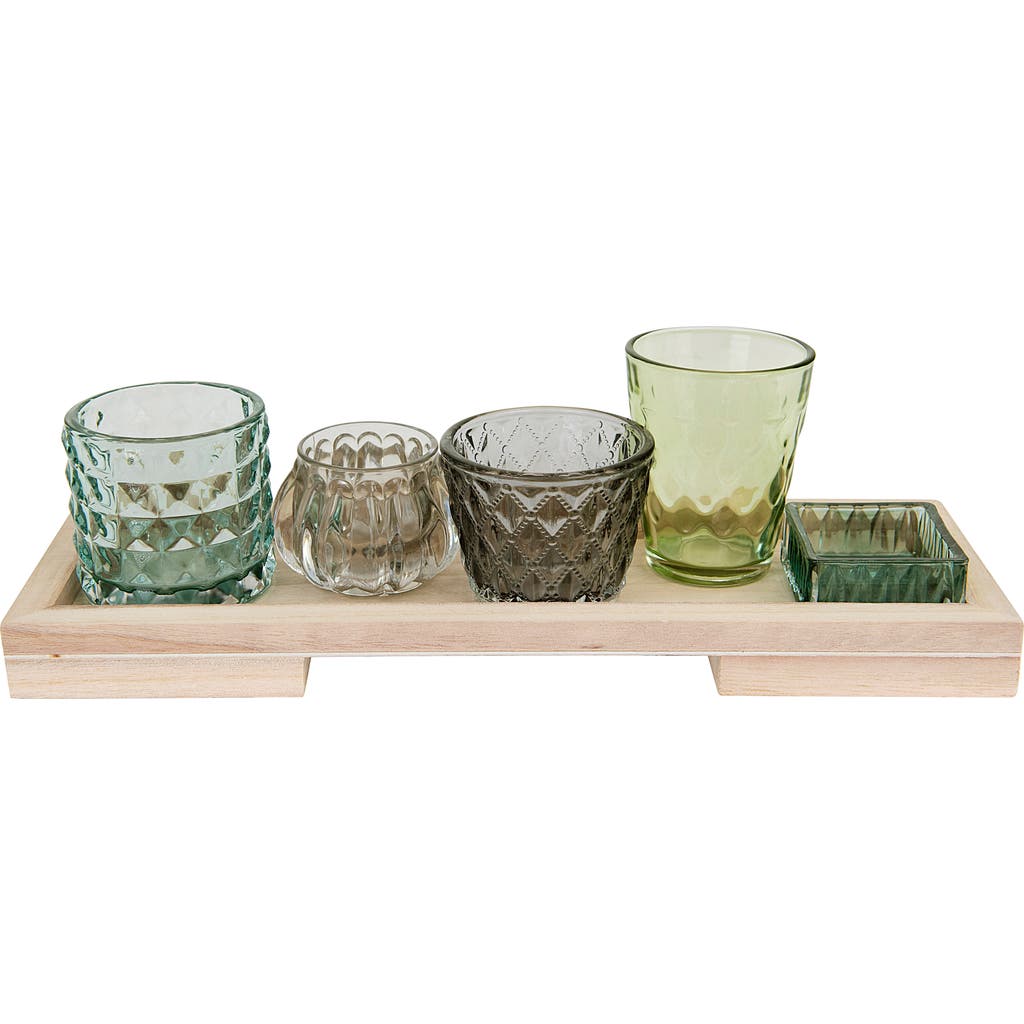 Storied Home Embossed Glass Votive And Tealight Holders On A Wood Tray, Set Of 5 In Green