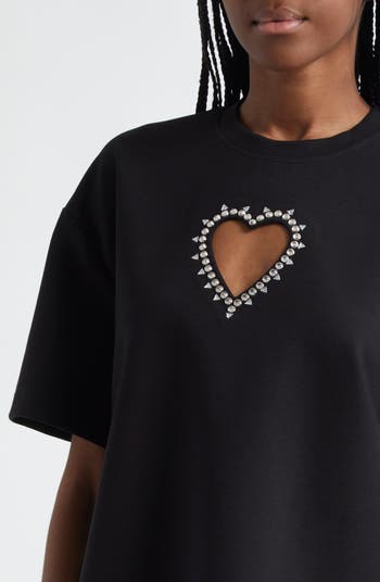 Crystal Trim Heart Cutout Relaxed Fit T-Shirt