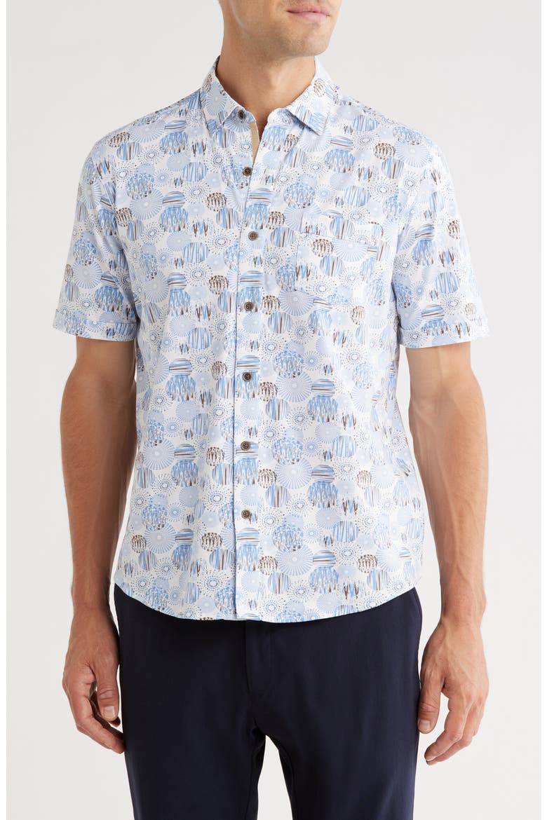 Regular Fit Short Sleeve Stretch Button-Up Shirt, Main, color, BLUE/ TAN