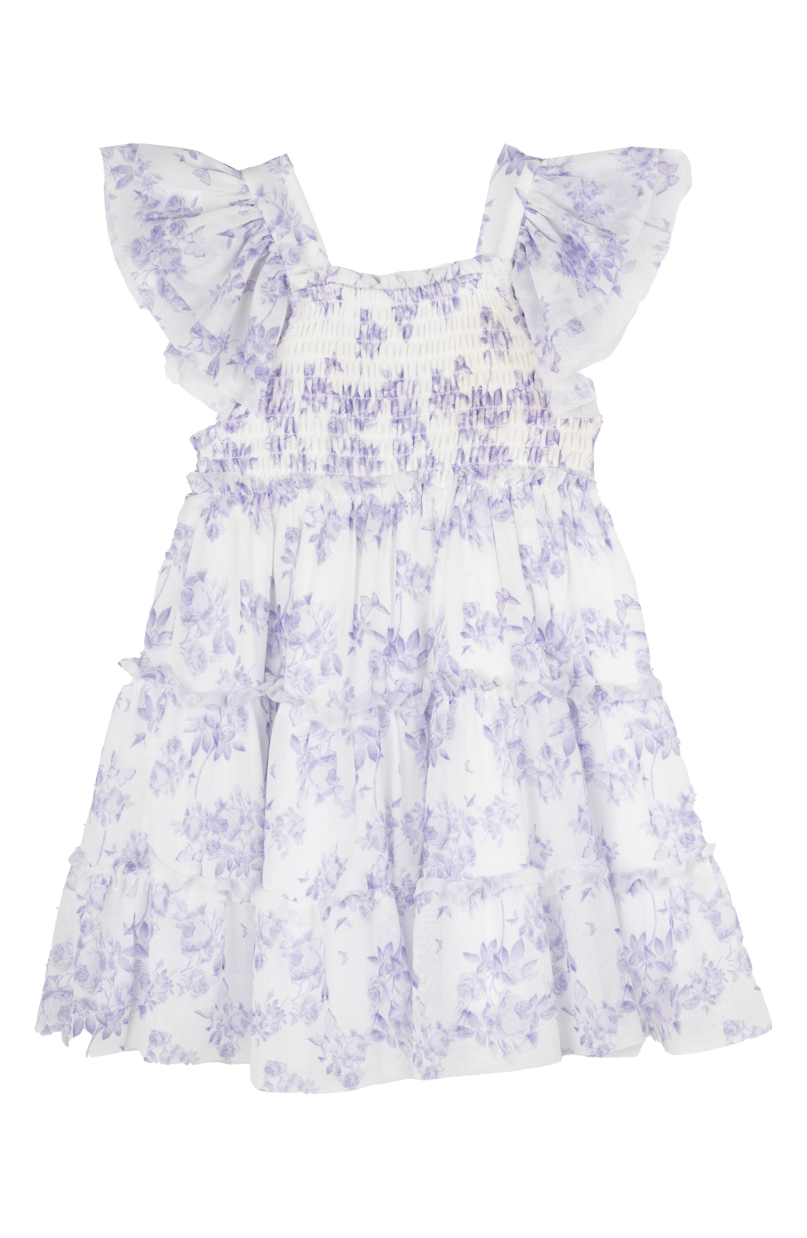 Rare Editions Lilac Toile Power Mesh Tiered Dress