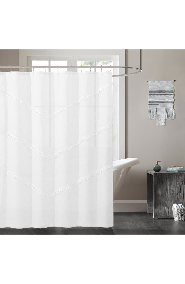 DAINTY HOME Tassel Trim Shower Curtain, Main, color,