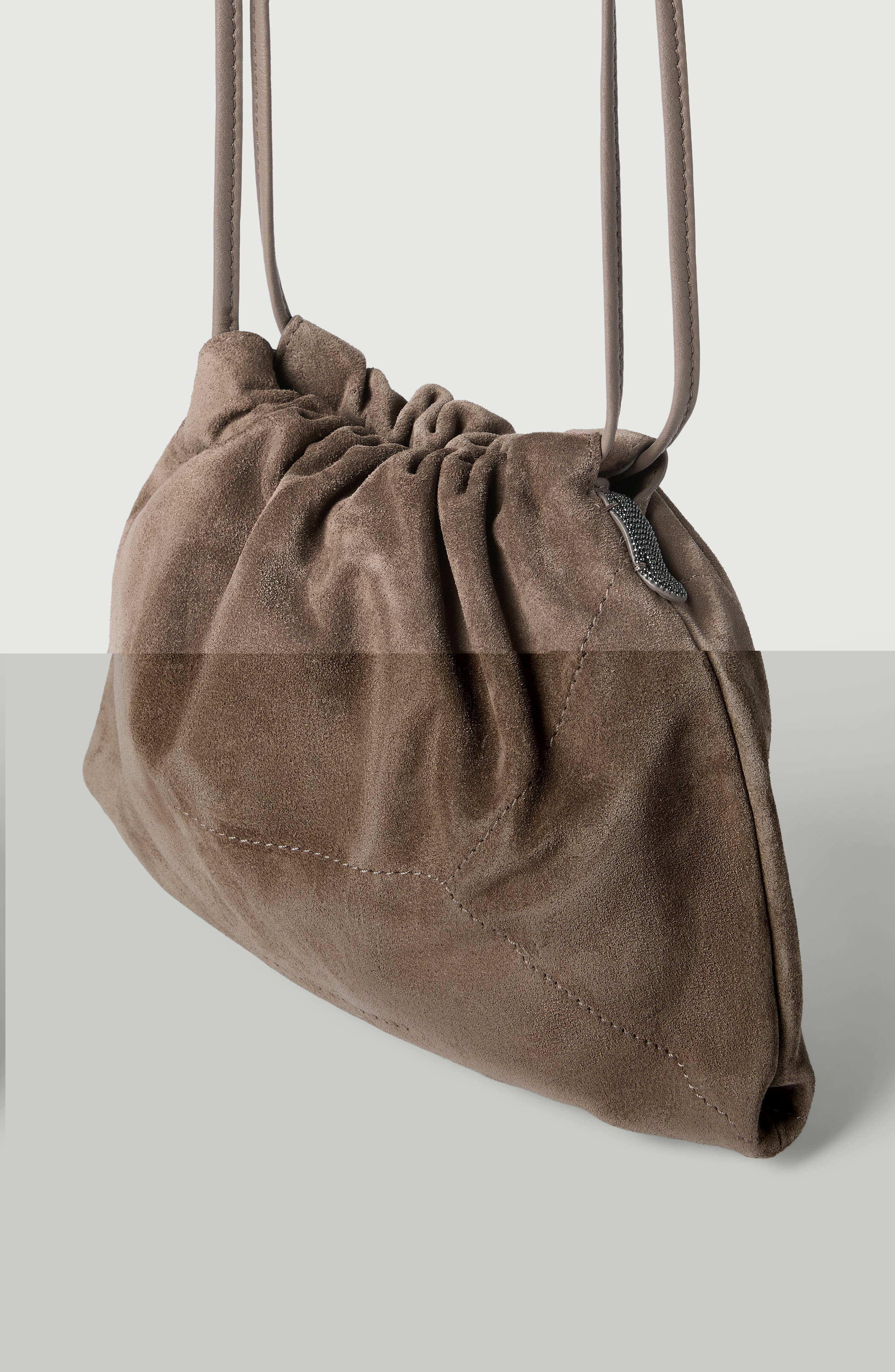 Pouch bag in suede with monili, Alternate, color, Brown