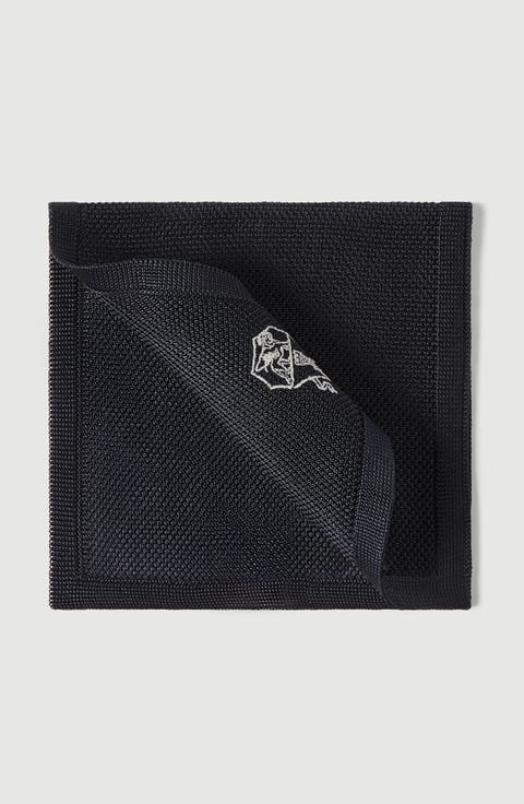 Silk knit pocket square with embroidered logo