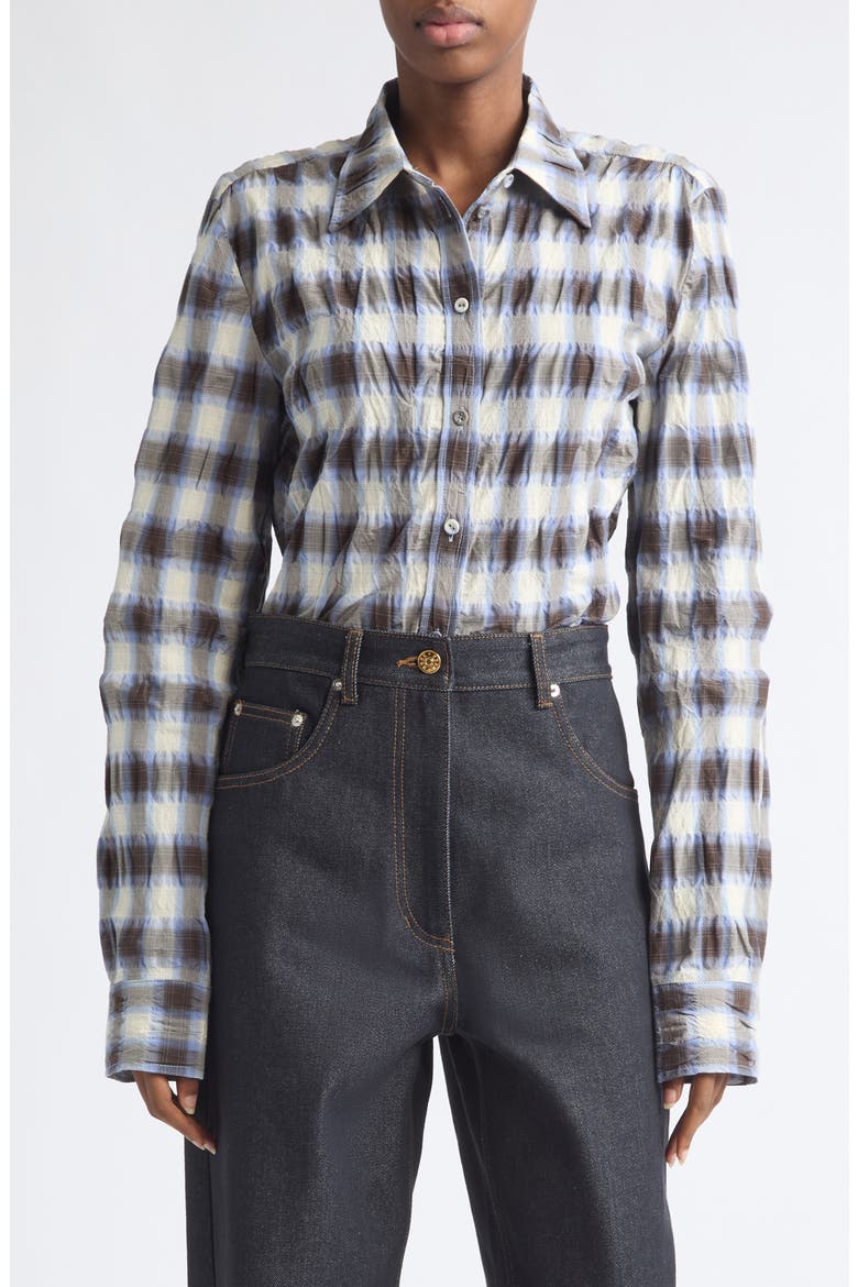 Shirred Button Front Shirt, Main, color, BROWN