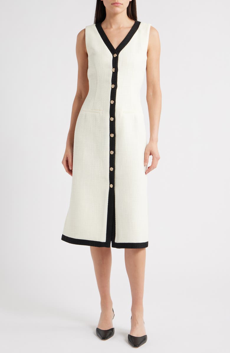 ZOE AND CLAIRE Contrast Trim Sleeveless Tweed Dress, Main, color, White