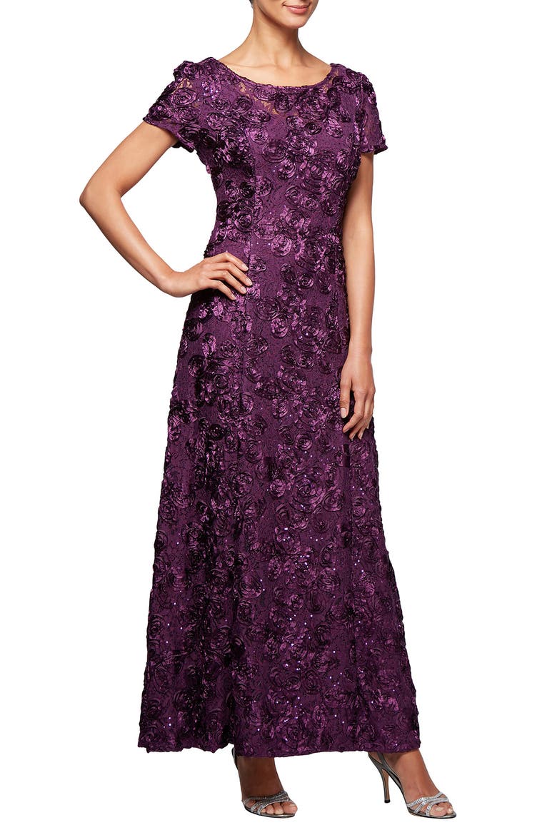 Embellished Lace A-Line Evening Gown, Main, color, EGGPLANT