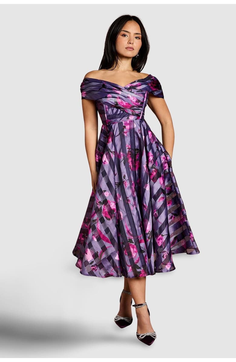 Coast Petite Stripe Organza Midi Dress, Main, color, Purple