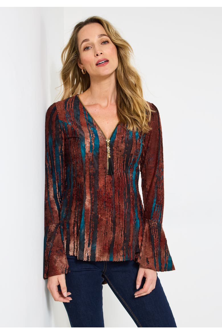 Zip Neck Bell Sleeve Top, Main, color, RUST BURNOUT STRIPE