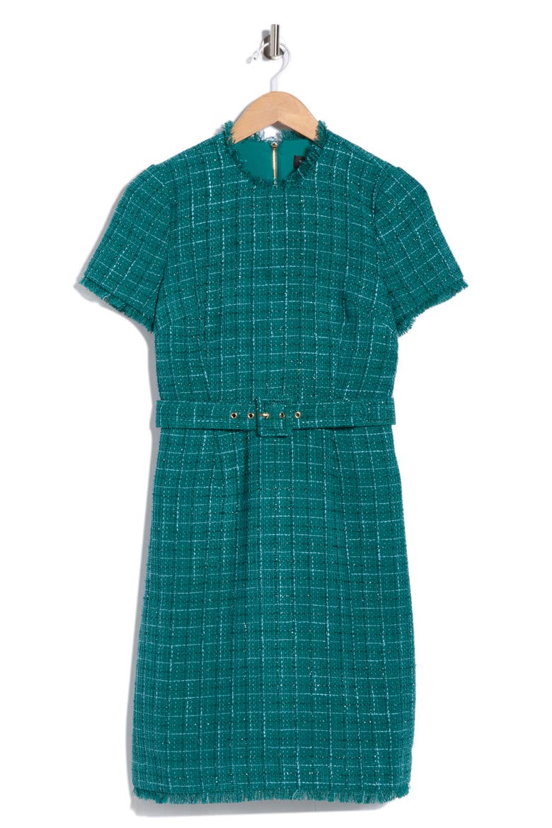 Short Sleeve Belted Tweed Sheath Dress, Main, color, EMPRESS TEAL