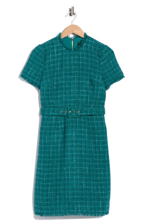 Short Sleeve Belted Tweed Sheath Dress
