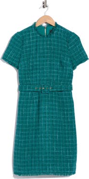 Tahari Short Sleeve Belted Tweed Sheath Dress