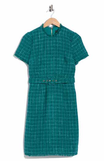 Short Sleeve Belted Tweed Sheath Dress