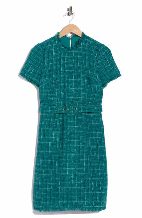 Short Sleeve Belted Tweed Sheath Dress