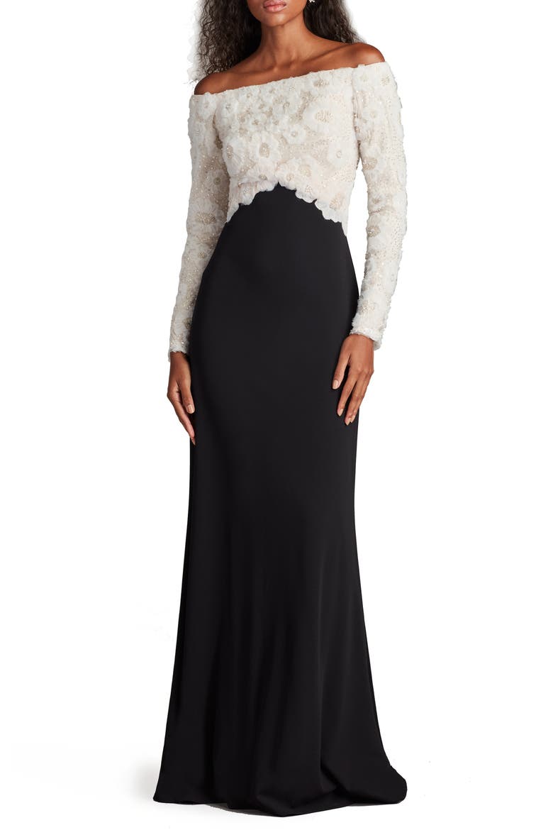 Rhinestone Floral Off the Shoulder Mixed Media Gown, Main, color, IVORY/ BLACK