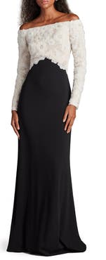 Tadashi Shoji Rhinestone Floral Off the Shoulder Mixed Media Gown
