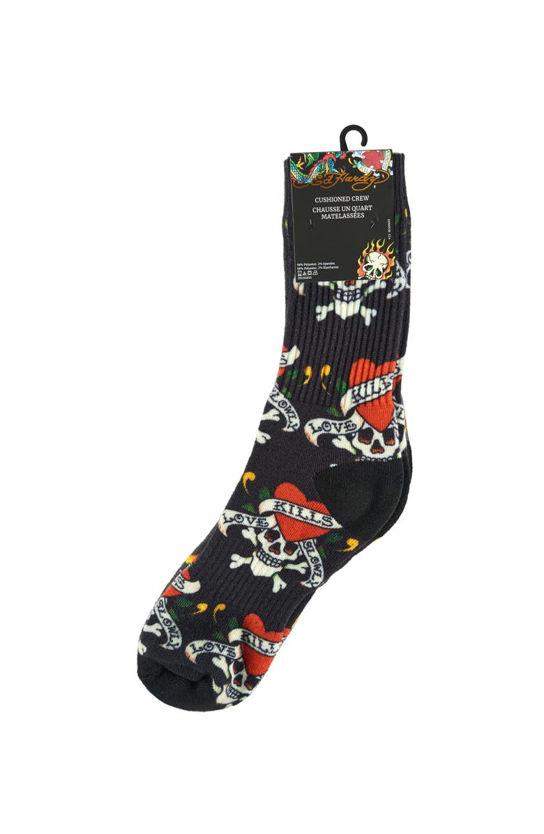Ed Hardy Flaming Skull 360 Print Full Cushion Crew Sock 2-Pack, Alternate, color, Grey