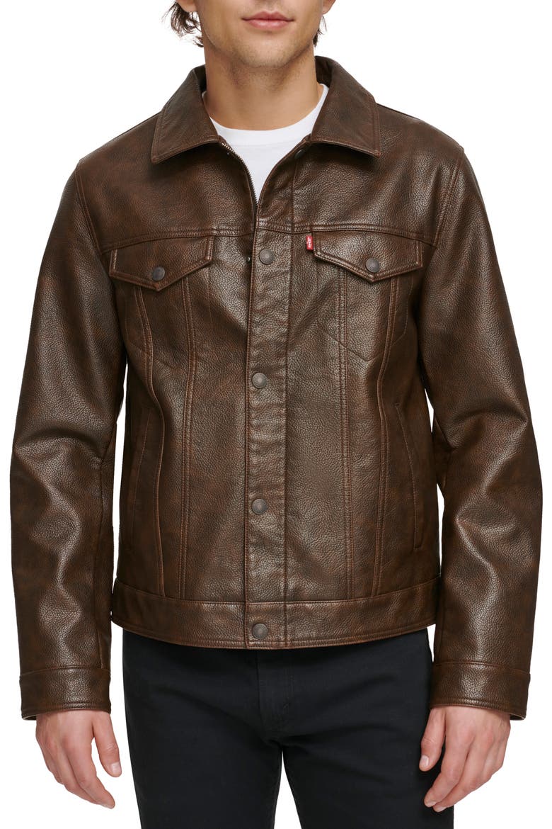 Faux Leather Trucker Jacket, Main, color, BROWN