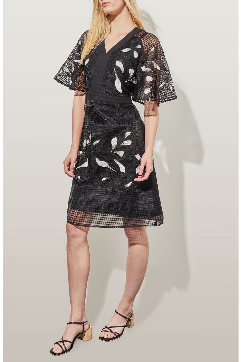 Floral Appliqué Open Lace A-Line Dress, Alternate, color, BLACK/WHITE