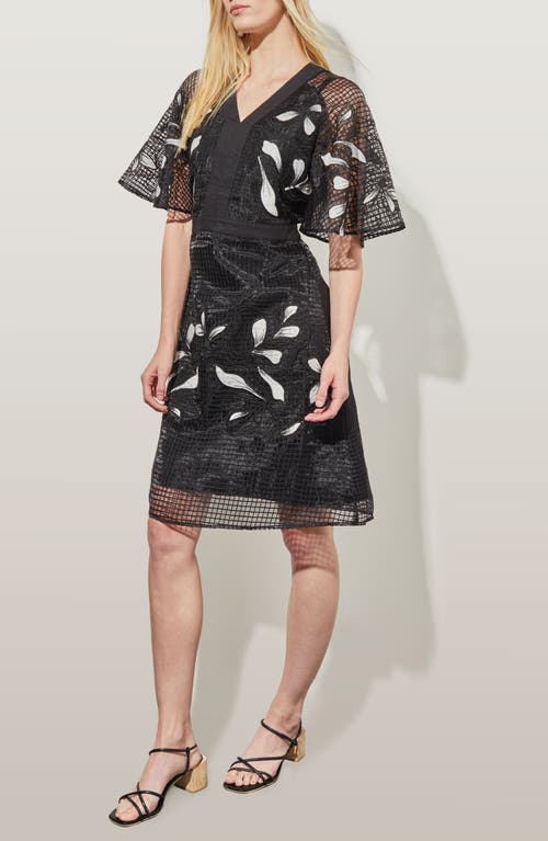 Ming Wang Floral Appliqué Open Lace A-line Dress In Black/white