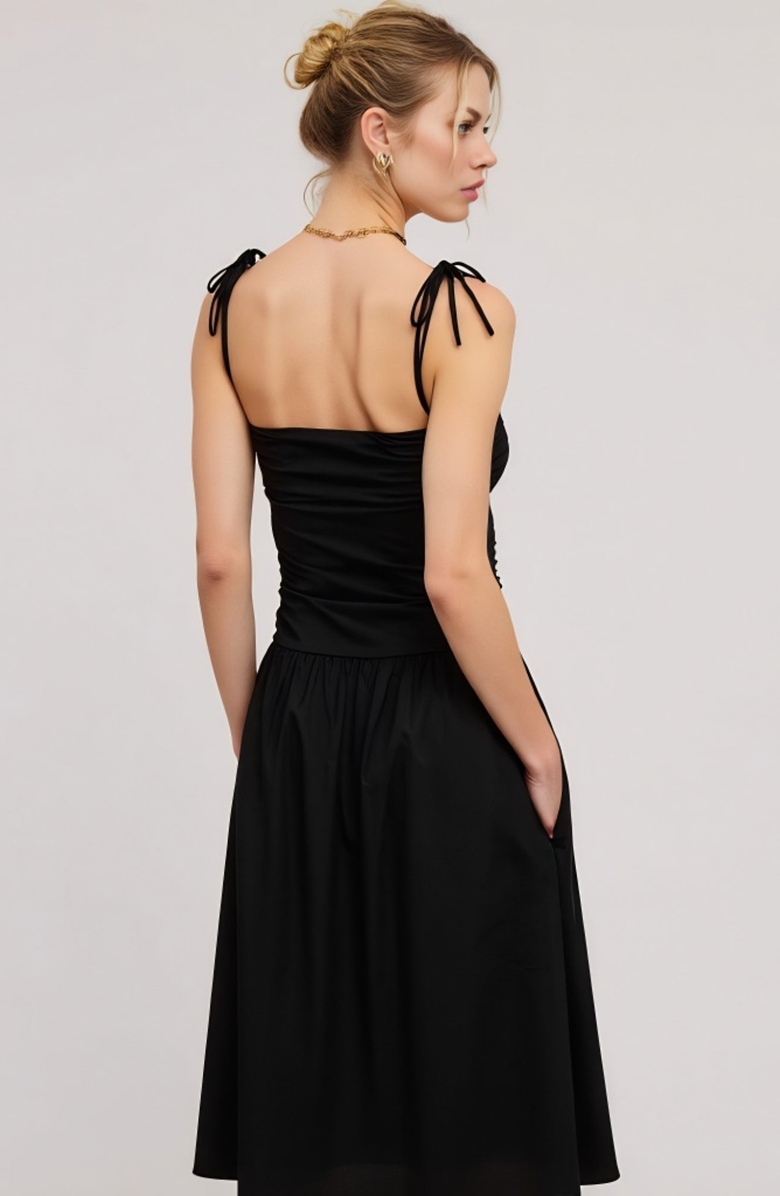 Modenaire Ruched Bodice Tie Strap Gathered Skirt Midi Dress, Alternate, color, Black