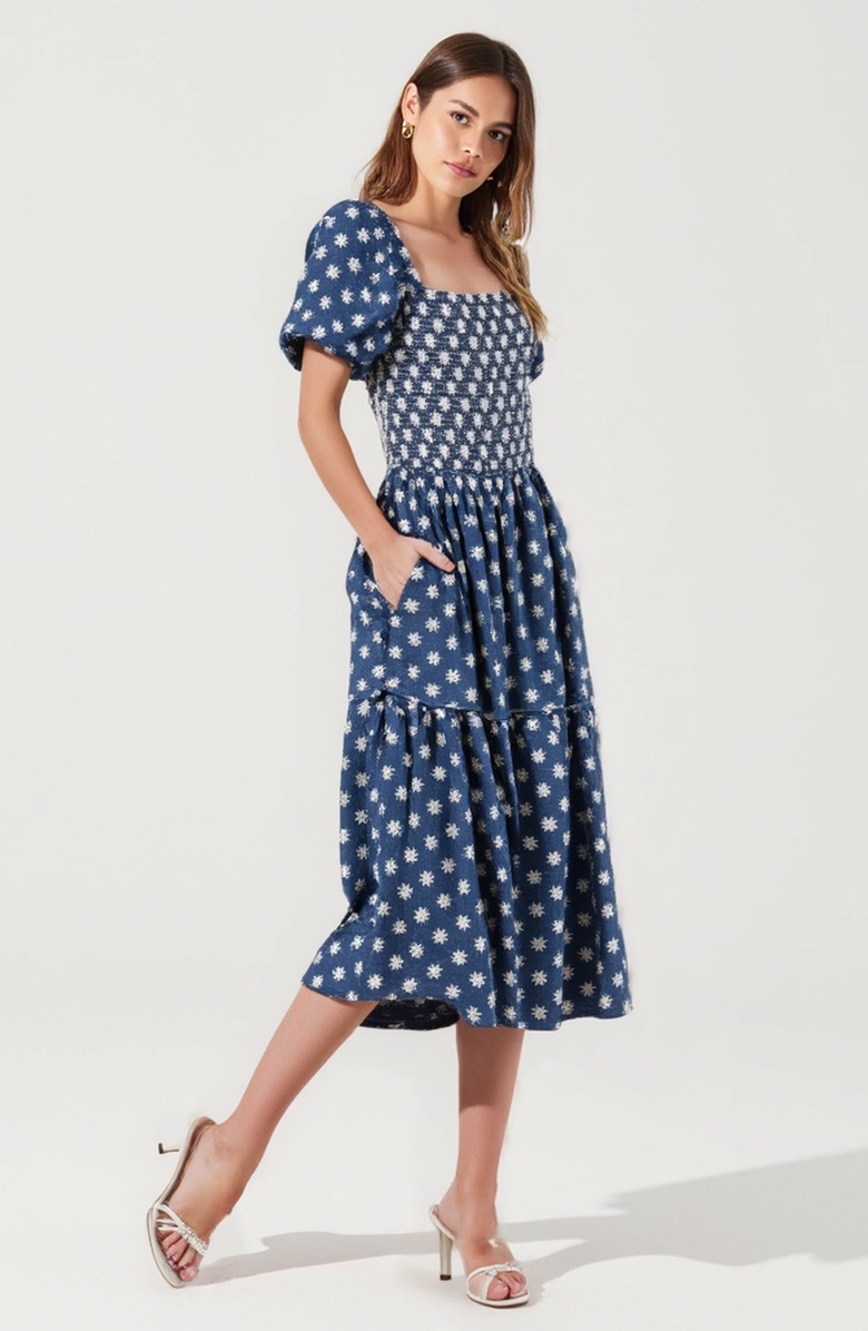 Modenaire Smocked Puff-Sleeve Midi Dress with Tiered Skirt and Pockets, Alternate, color, Blue / White Floral