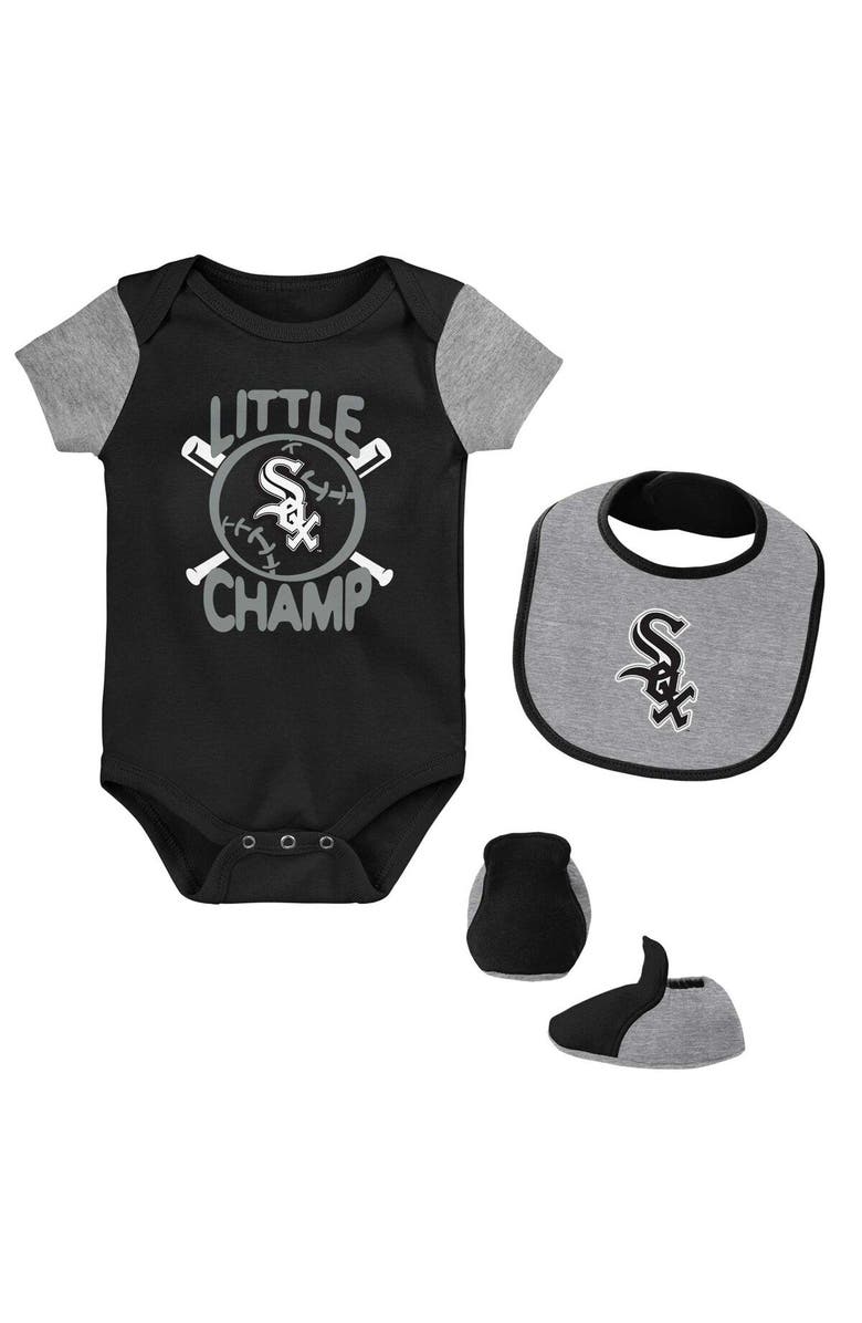 Outerstuff Newborn & Infant Black/Heather Gray Chicago White Sox Little Champ Three-Pack Bodysuit Bib & Booties Set, Main, color, Black