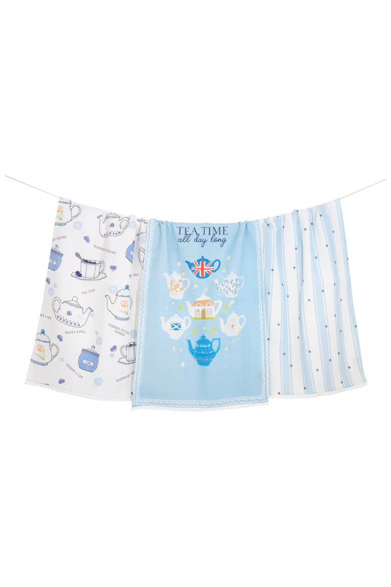 Set of Three English Tea Time Cottage Kitchen Towels, Main, color, LIGHT BLUE/ WHITE